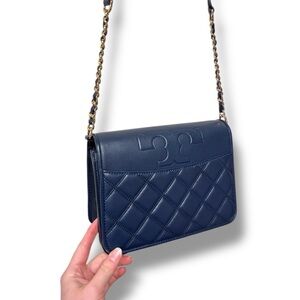 Tory Burch Savannah Combo Navy Blue Leather Quilted Crossbody Bag